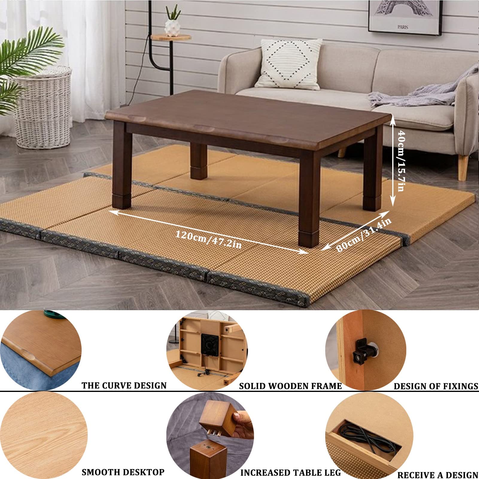 Stół grzewczy Stół z piecem Tatami Zestaw stołowy z ogrzewaniem Okno wykuszowe Stolik kawowo-herbaciany Stół grzewczy + kołdra + dywan + grzejnik，H-120x80x45cm