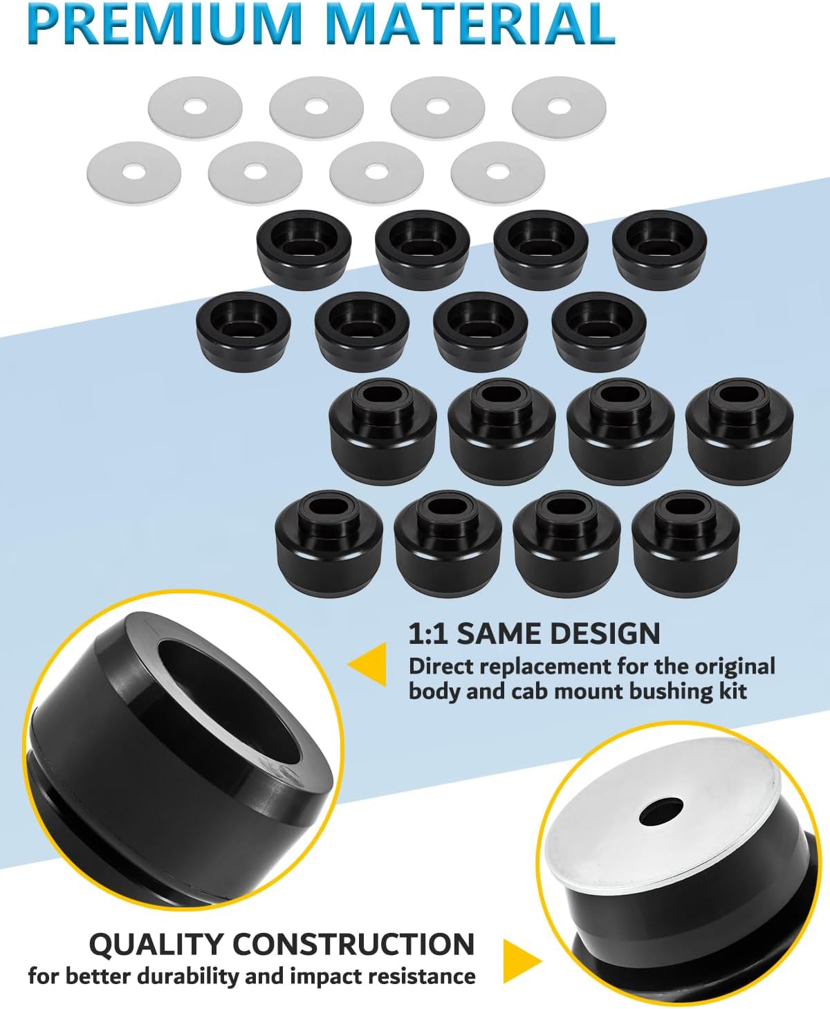 7-141 Cab Mounts & Body Mount Bushing Kit for Chevy Silverado & GMC Sierra 1500 2500 2/4WD 1999-2014 Heavy Duty Polyurethane Body Cab Mounts & Washers Accessories (Black 24pcs)