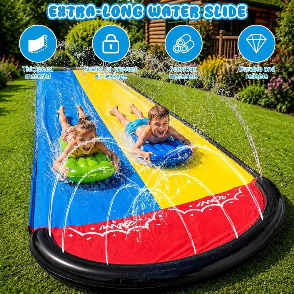Wasserrutsche Garten 600x140cm Doppel-Wasserrutsche mit 2 Bodyboards, eingebautem Sprinkler