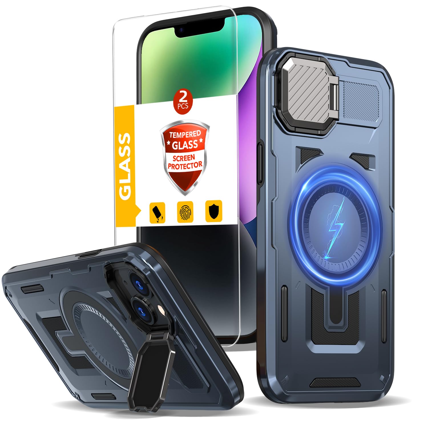 THBONRA for iPhone 13 Case Magnetic,for iPhone 14 Case Compatible with MagSafe Support Wireless Charger,with Camera Cover Stand+with 2 Screen