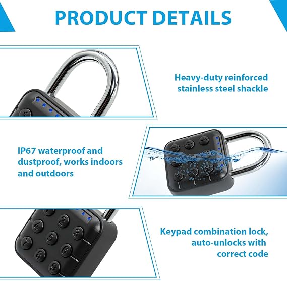 6 Digit Combination Padlock, IP67 Waterproof Multi-User Code Function Electronic Gym Locker Smart Lock with Stainless Steel Shackle High Security for Gym School Garage Travel Outdoor Use – Black