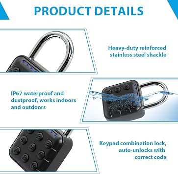 6 Digit Combination Padlock, IP67 Waterproof Multi-User Code Function Electronic Gym Locker Smart Lock with Stainless Steel Shackle High Security for Gym School Garage Travel Outdoor Use – Black
