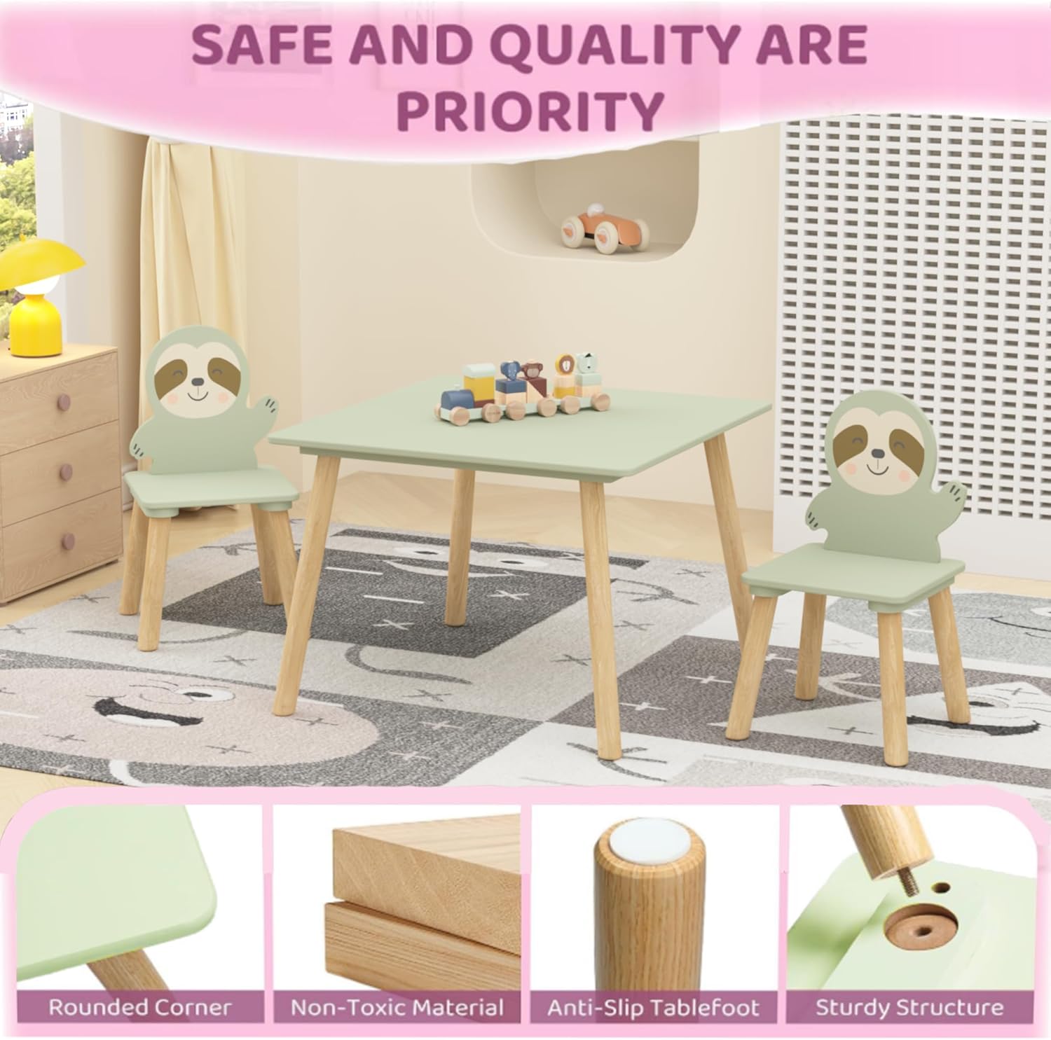 Kids Table and 2 Chairs, Toddler Wooden Stable Table and Chair Set (Sloth), 23.62" L x 23.62" W Desk for Classroom/Playroom/Daycare/Home (Aged 3-8), CPC & CPSIA Certificated