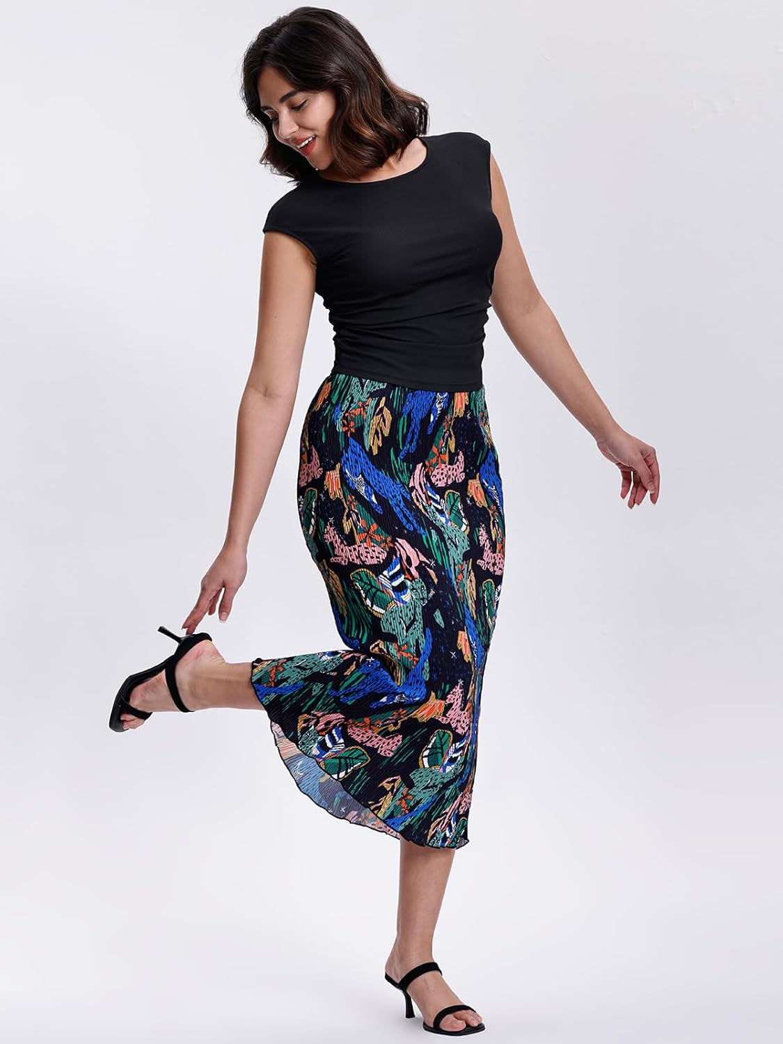 Kimmery Summer Casual Two Piece Skirt Set for Women Crew Neck Crop Tops Elastic Waist Midi Skirt Outfits - Image 3