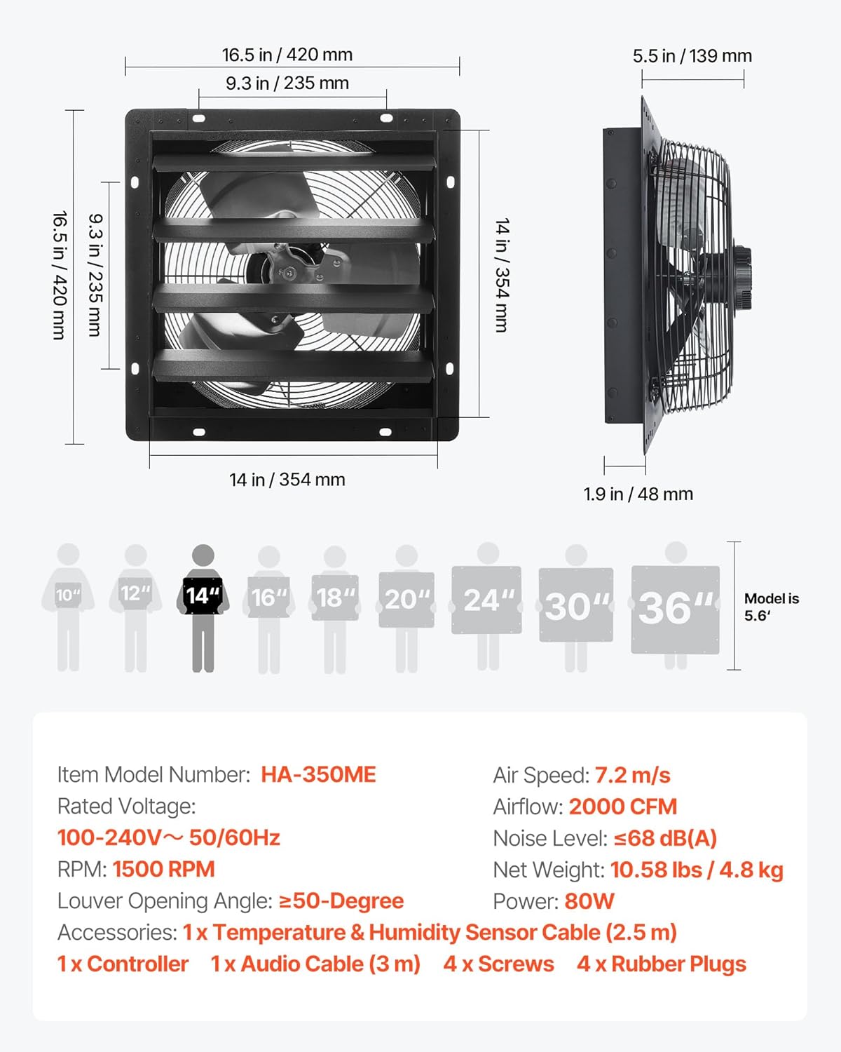 VEVOR 14 inch Exhaust Fan, Wall Mounted Attic Fan with Variable Speed, Temperature & Humidity Controller, 2000 CFM, Automatic Shutter