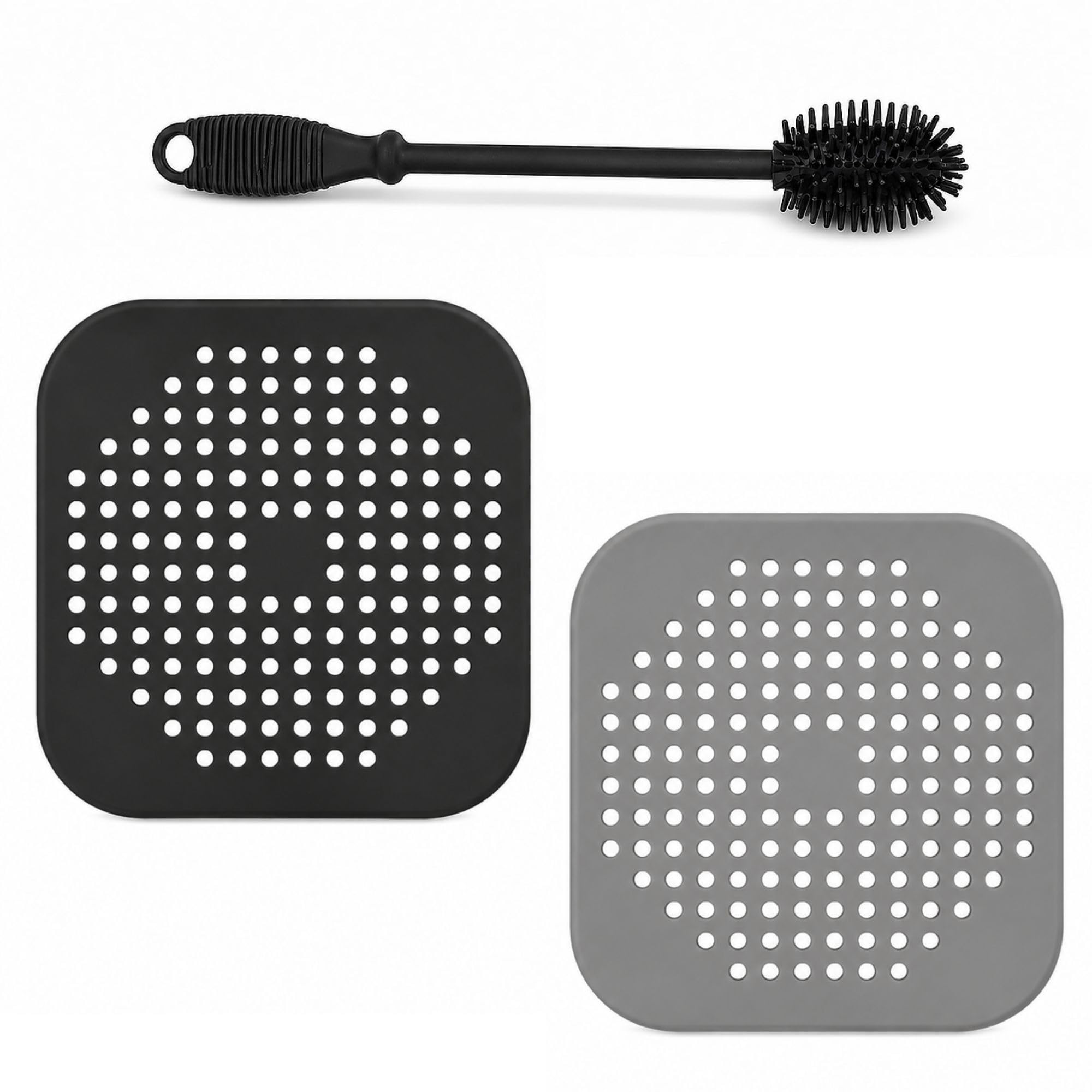 Silicone Sink Strainer with Brush | Reusable Drain Catcher for Kitchen Sinks, Bathroom Basins & Showers | Flexible Hair & Food Filter Plughole Protector | LITTLEBLOOM (Pack of 2, Black & Grey)