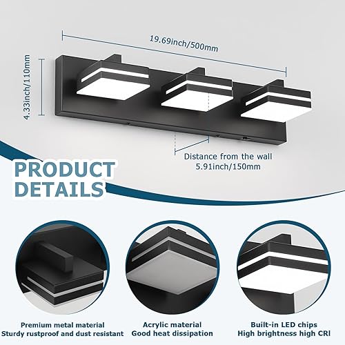 Miniatura 5 de Joossnwell Luces negras de tocador para baño, regulables, 5CCT (3 luces, 19.69 pulgadas), modernas lámparas de baño sobre espejo LED para tocador de