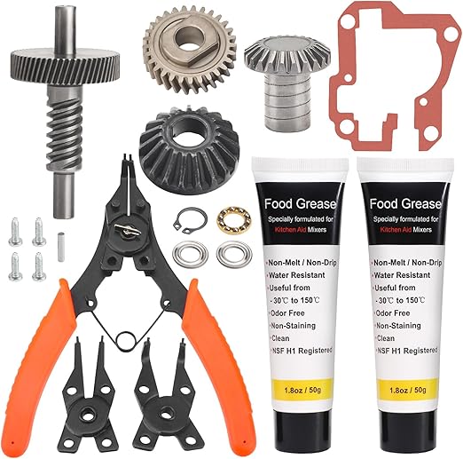 Worm Gear Kit Compatible With Whirlpool 5QT&6QT 9709231 Replacement Gear Parts with 9703445 Bearing & Gear 9706529 with the 9709511 Gasket and 9703680 Circlip & 1.8 OZ Food Grade Grease