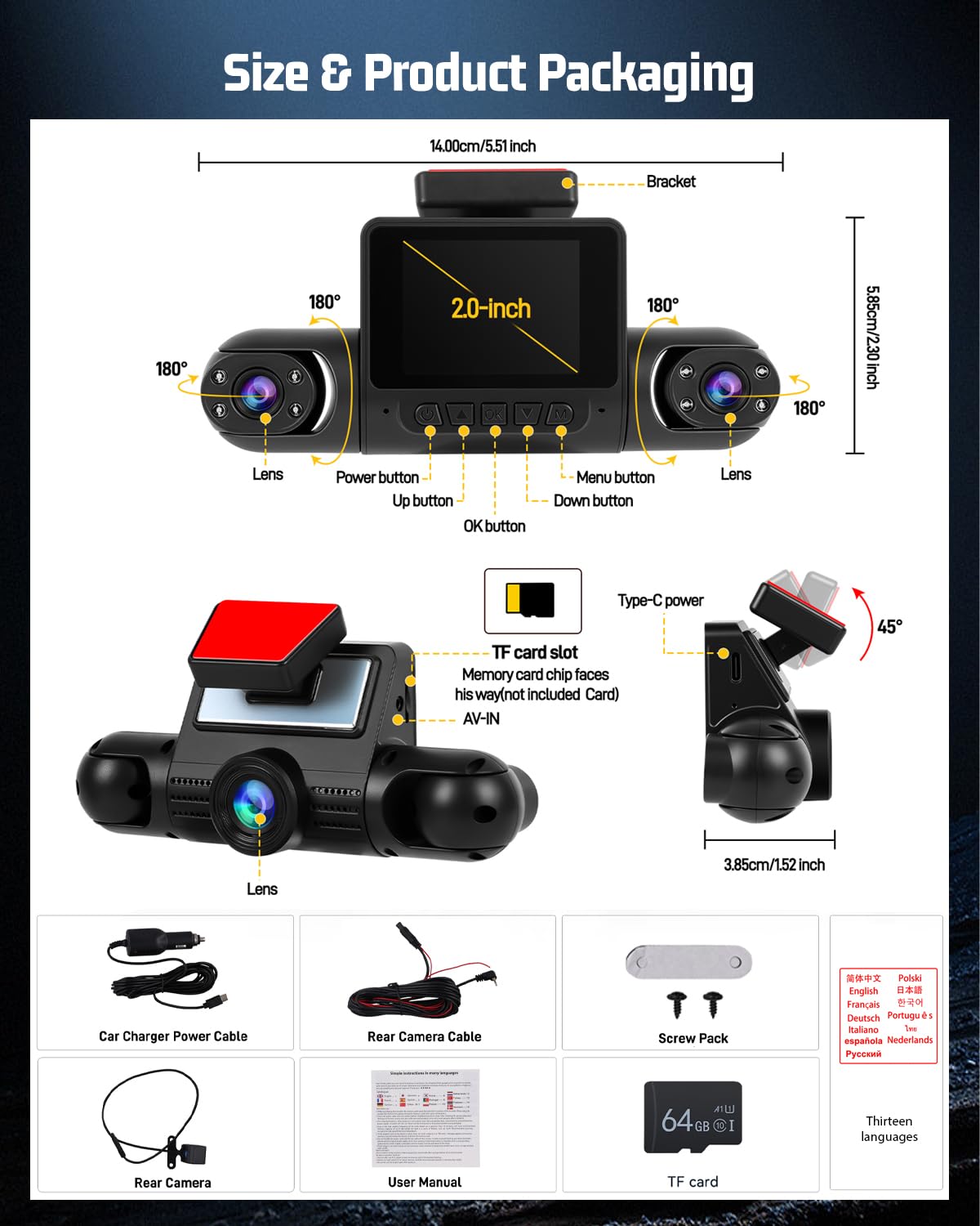 NHOPEEW Dash Cam a 4 canali 1080P – Telecamere anteriori, sinistre, destre e posteriori con grandangolo, display da 2", visione notturna IR, registrazione in loop, rilevamento del movimento
