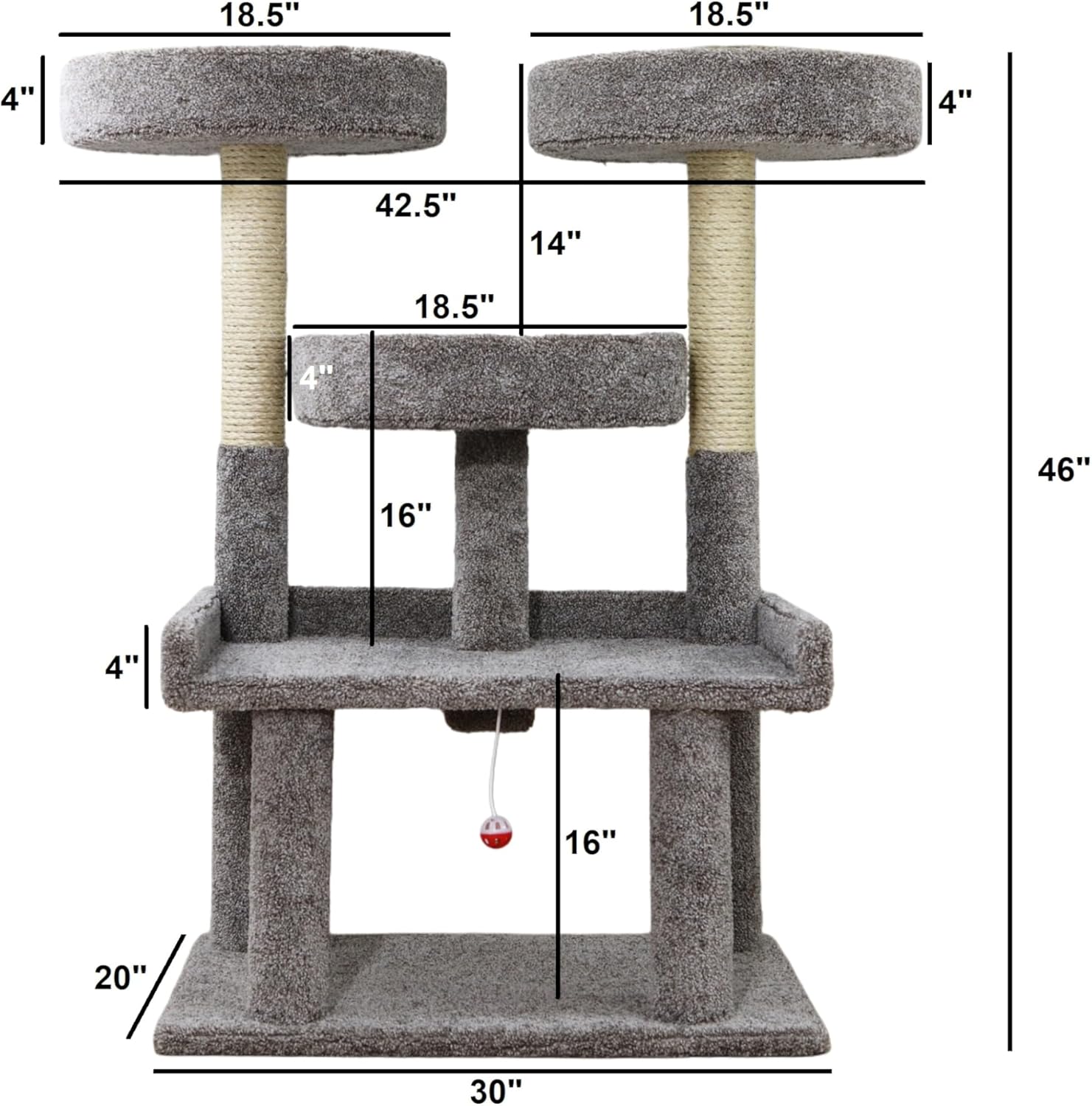 Prestige Cat Trees 46″ XXL Heavy Duty Cat Tree – Extra-Large, Sturdy Indoor Cat Tower with Multiple Perches, Sisal Scratch Posts & Solid Wood Base (Gray)