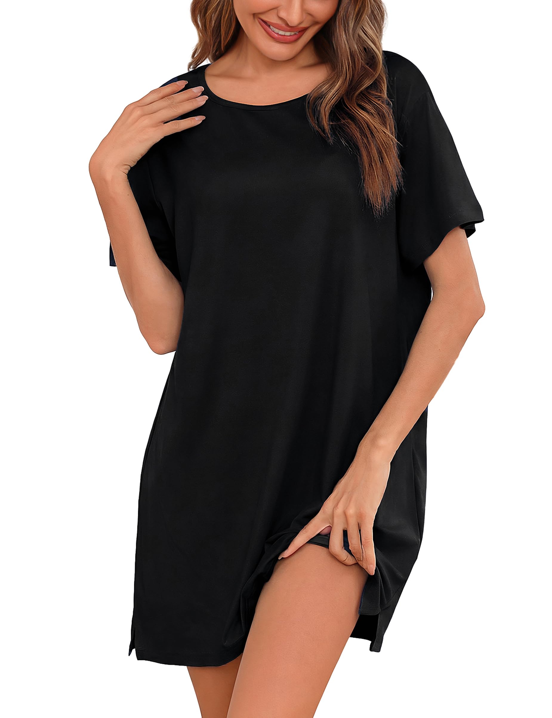 Litherday Nachthemd Damen Kurzarm Baumwolle Schlafshirt Kurz Rundhals Nachtwäsche Sleepshirt Schlafkleid Nachtkleid Weiche Schlafhemd Schwarz L