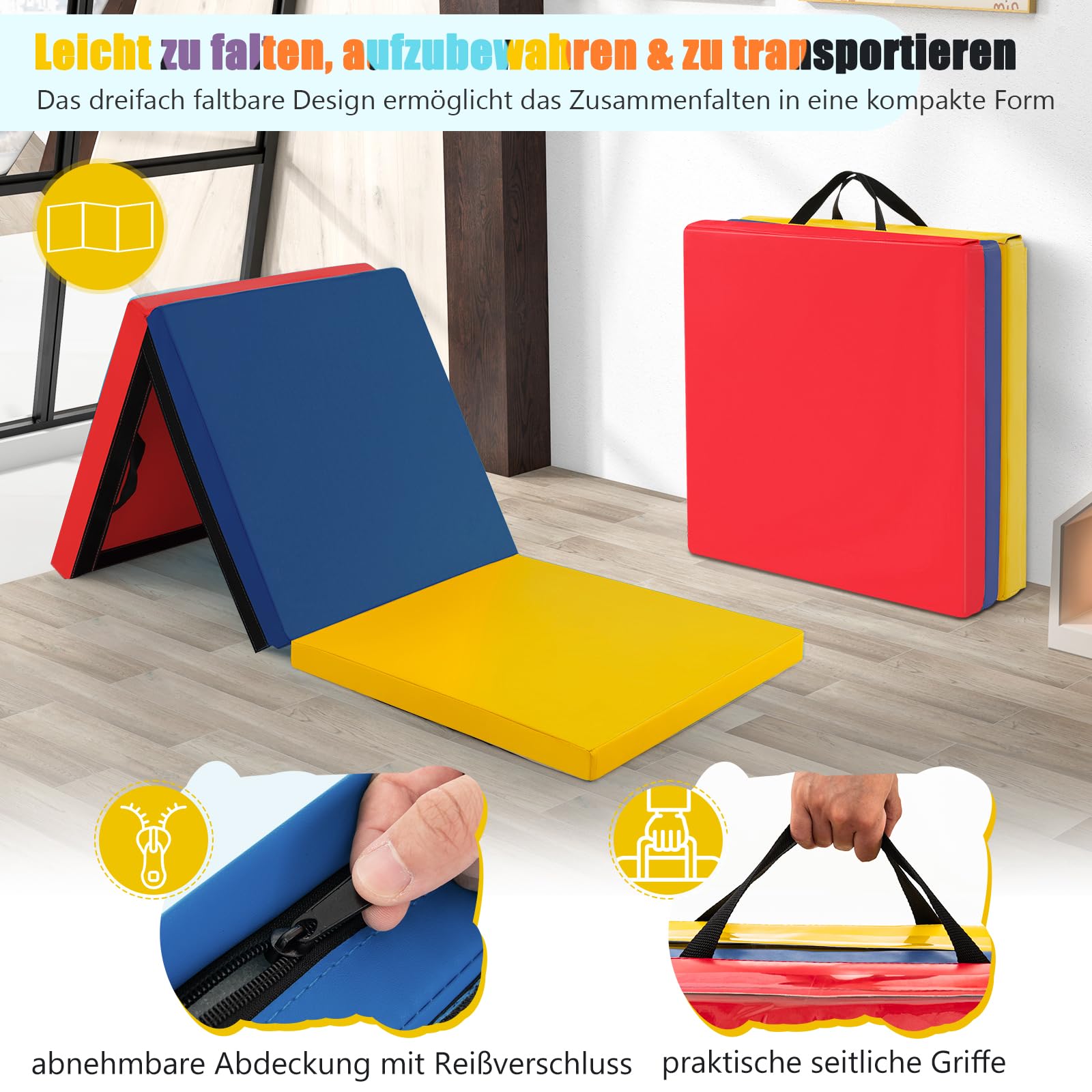 GOPLUS Weichbodenmatte, 180 x 60 x 5 cm Yogamatte rutschfest mit Klettverschlüssen & Tragegriffen, Gymnastikmatte klappbar aus Kunstleder, Turnmatte zum Trainieren von Gymnastik & Yoga