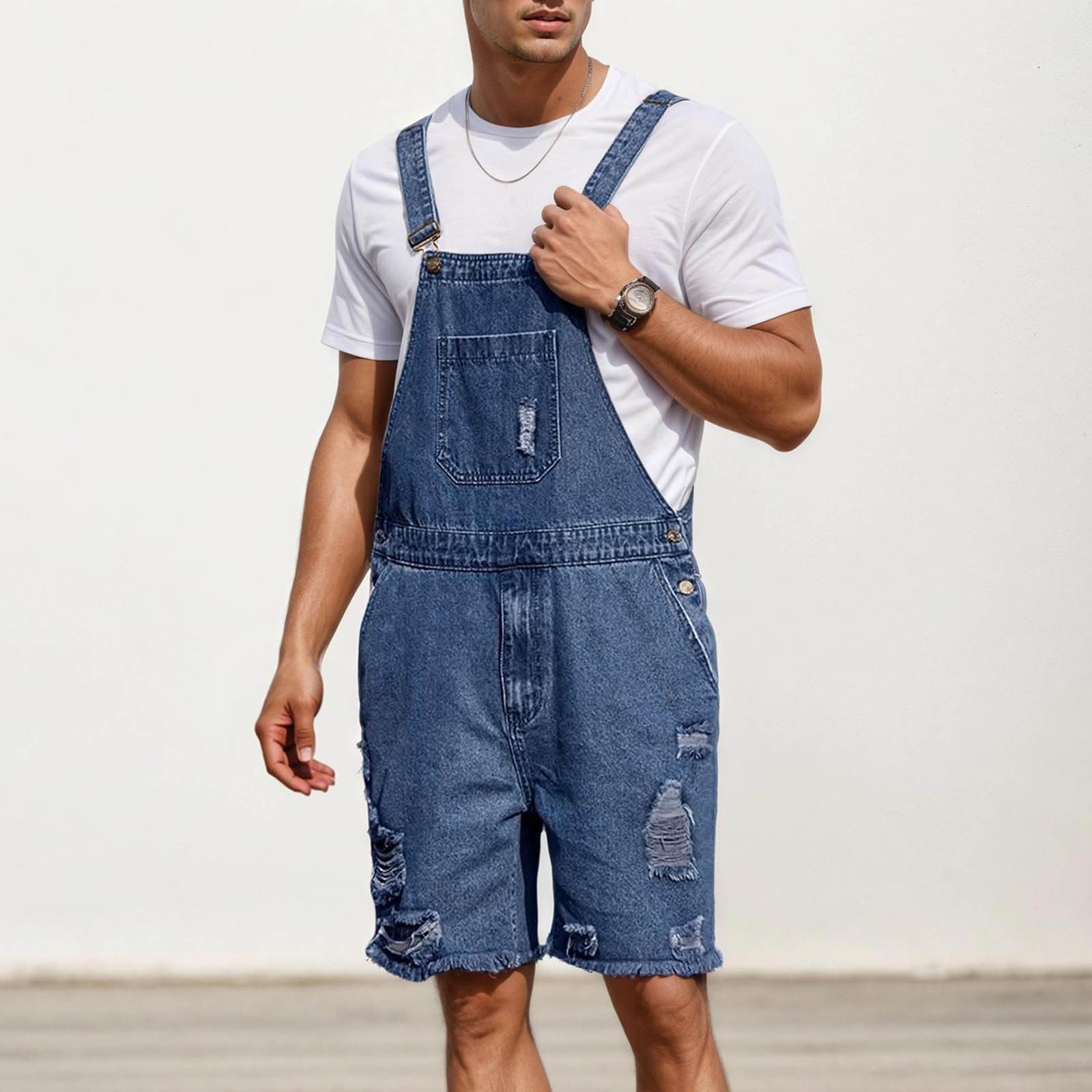 Combinaison courte à bretelles pour homme - Décontractée - Confortable - Légère - Vintage - Salopette élégante avec poches - Trou déchiré - Jean court - Mode classique
