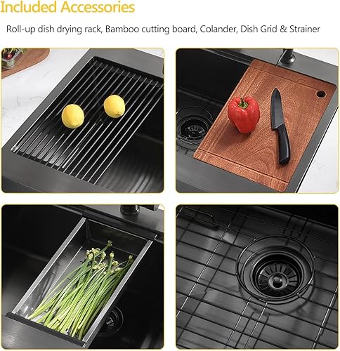 Miniatura 6 de Luckyhorse LH009S - Fregadero de cocina con delantal negro de 30 pulgadas, calibre 16, acero inoxidable mate profundo, montaje superior, estación de