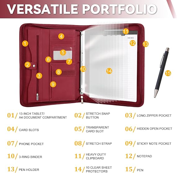 Leathario Portfolio Binder, Padfolio Organizer, 3 Ring Binder with Zipper | Includes Pen and 10 Sheet Protectors, Fits 13 in Tablet, Vegan Leather, for Business Resume Office Professional Men and Women