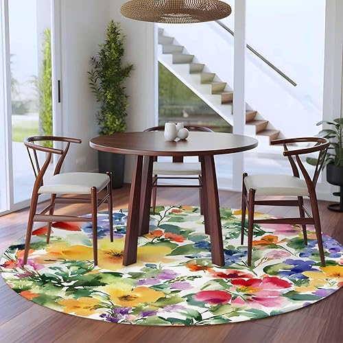 Miniatura 4 de 8ft Round Rug, Green Yellow Floral Non-Skid Rubber Backing Large Area Rugs - Living Room Bedroom Home Office, Purple Blue Watercolor Retro Leaf