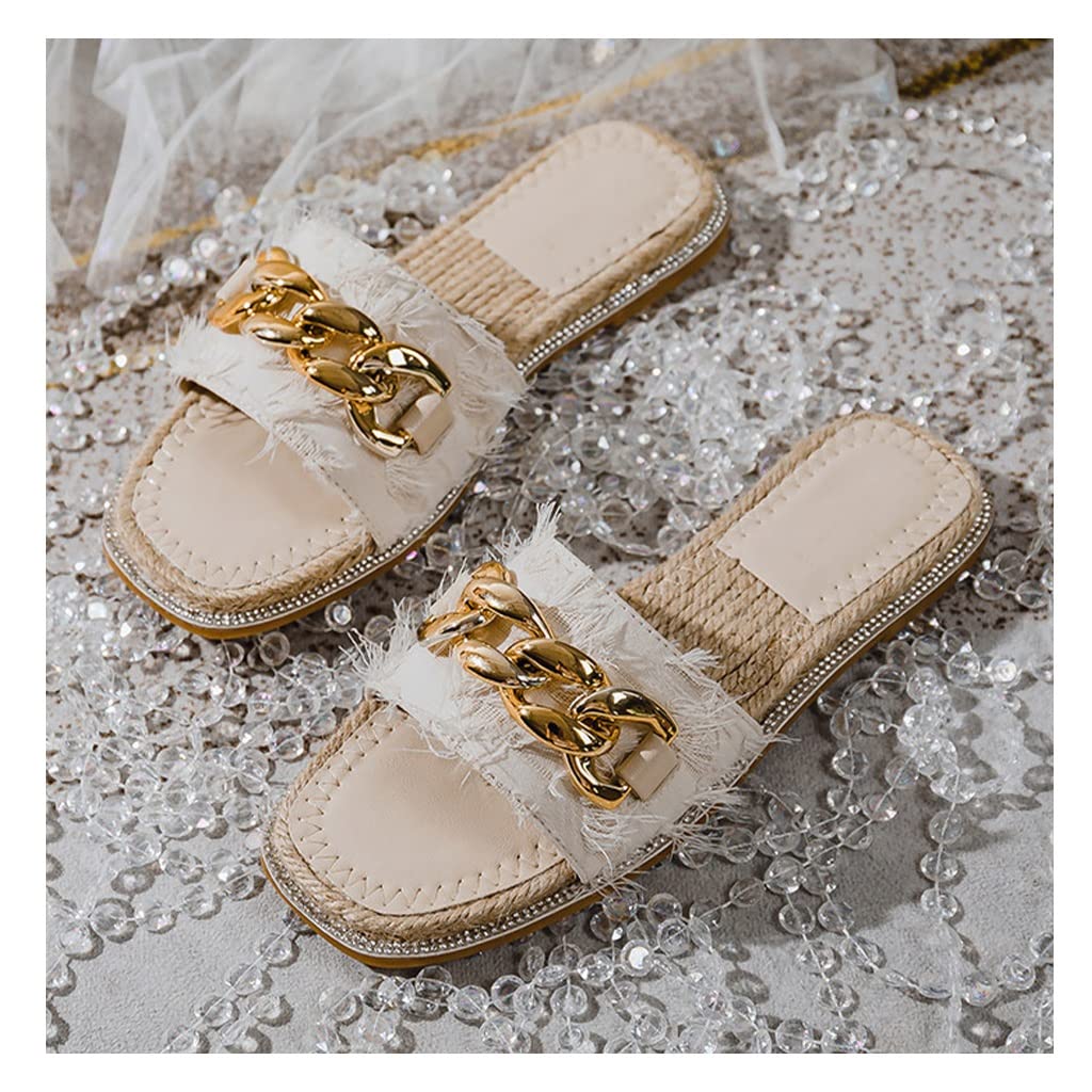 Pantofole da Spiaggia Estive in Lino da Donna, Sandali Piatti da Donna, Pantofole Leggere Antiscivolo da Donna per Interni ed Esterni Pantofole in Pelle Traspirante A Punta Aperta (Color : Black, Size