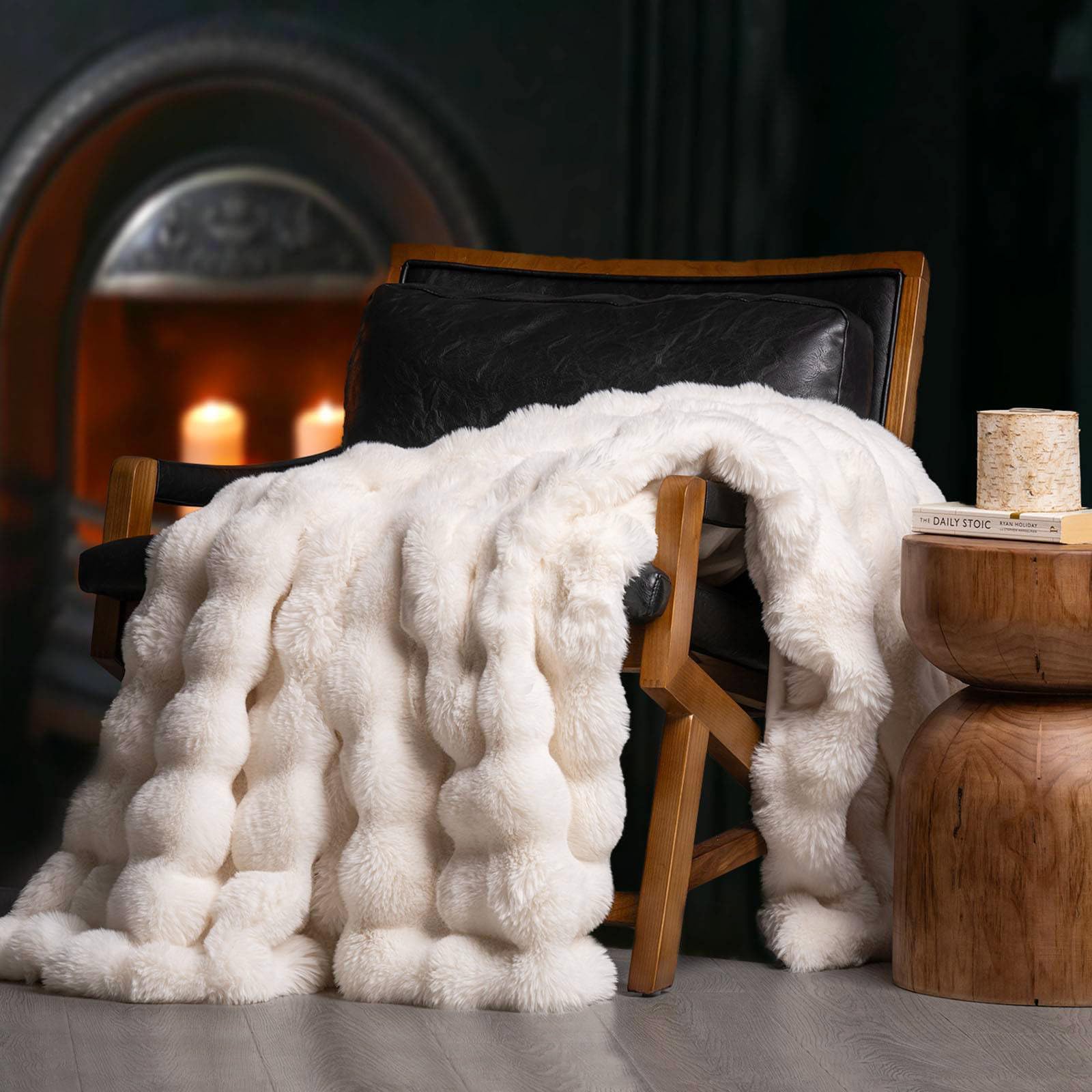 Ultra Soft Luxury Fluffy Faux Rabbit Fur Throw Blanket, Thick Warm Bubble Throw for Bed, Cozy Plush Reversible Blankets for Couch, Chair, Sofa, Ivory White, 60x80 Inches