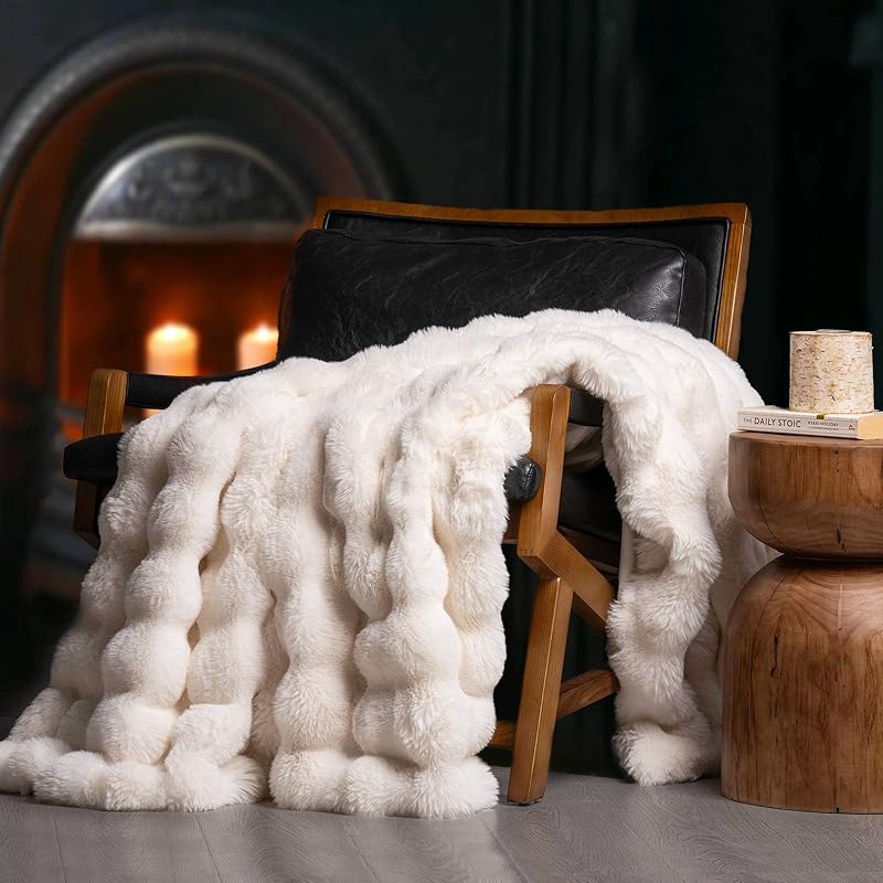 EverGrace Faux Rabbit Fur Bubble Throw Blanket, 60"x80", Ivory White | Ultra Soft, Luxury Faux Rabbit Fur Throw, Thick Warm Bubble Blanket, Cozy Fluffy Reversible, for Bed, Couch, Chair, Sofa