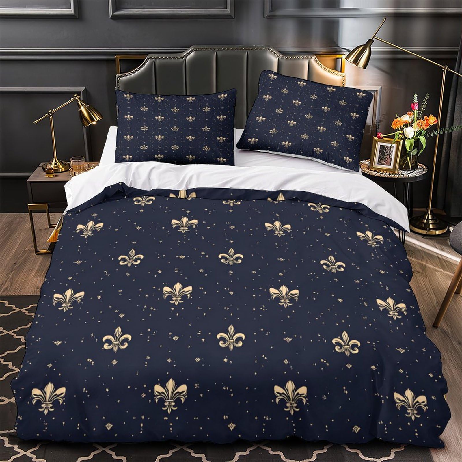 Parure de lit motif fleur de lys 135x200cm pour lit simple en microfibre