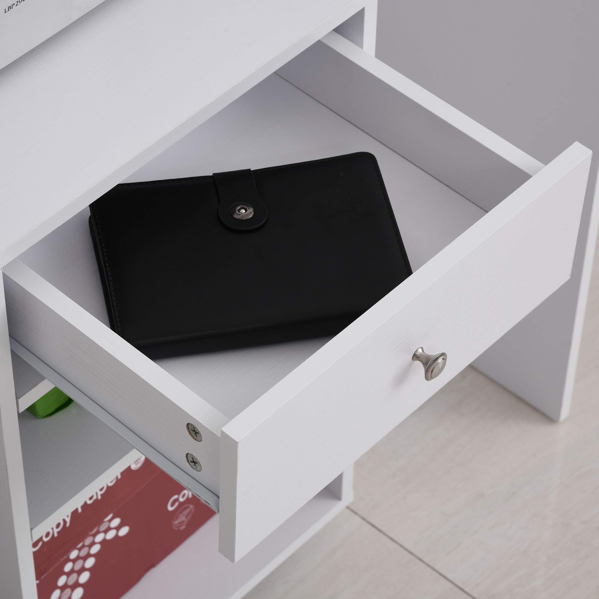 HOMCOM Vinsetto Support d'Imprimante Organiseur Bureau Caisson Blanc | 2 Niches, Tiroir, Espace CPU, Grand Plateau, Panneaux Particules