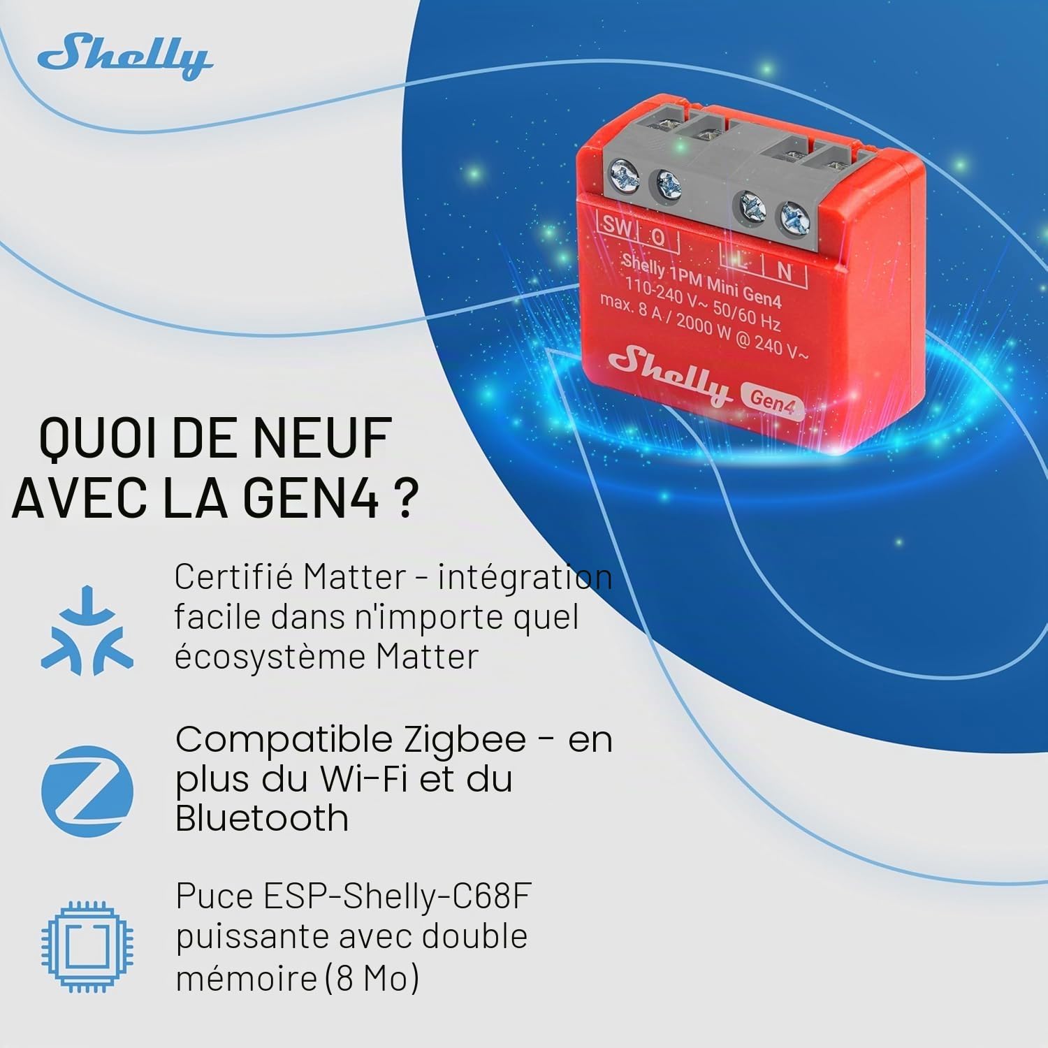 Shelly 1PM Mini Gen4, Commutateur relais intelligent géré par Wi-Fi, 1 canal, 8A, mesure de puissance, domotique, aucun hub requis, Alexa, Apple HomeKit et Google Home, Zigbee et Matter (4 pièces)