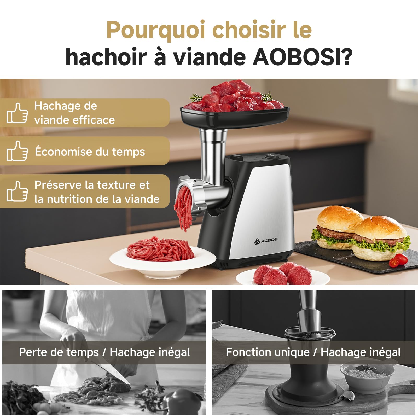 AAOBOSI Hachoir À Viande,Hachoir À Viande Électrique 4-En-1[2800 W Max]Avec 3 Lames Pour Trancher, Déchiqueter,2 Lames,3 Plaques,Farceuse À Saucisses,Kit Kubbe,Pour Cuisine À Domicile,Acier Inoxydable