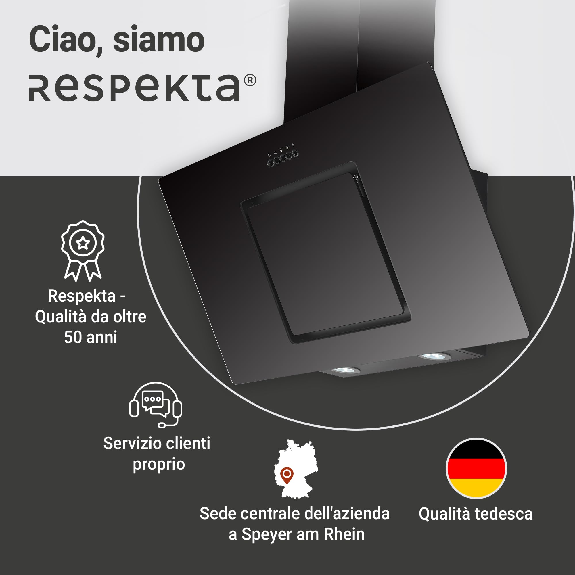 Respekta Cappa cucina inclinata con spazio per la testa | Cappa cucina verticale 90 cm | Scocca in metallo con vetro nero | Funzione di scarico e ricircolo | CH22010|90SBZ | B | 54 – 62 dB