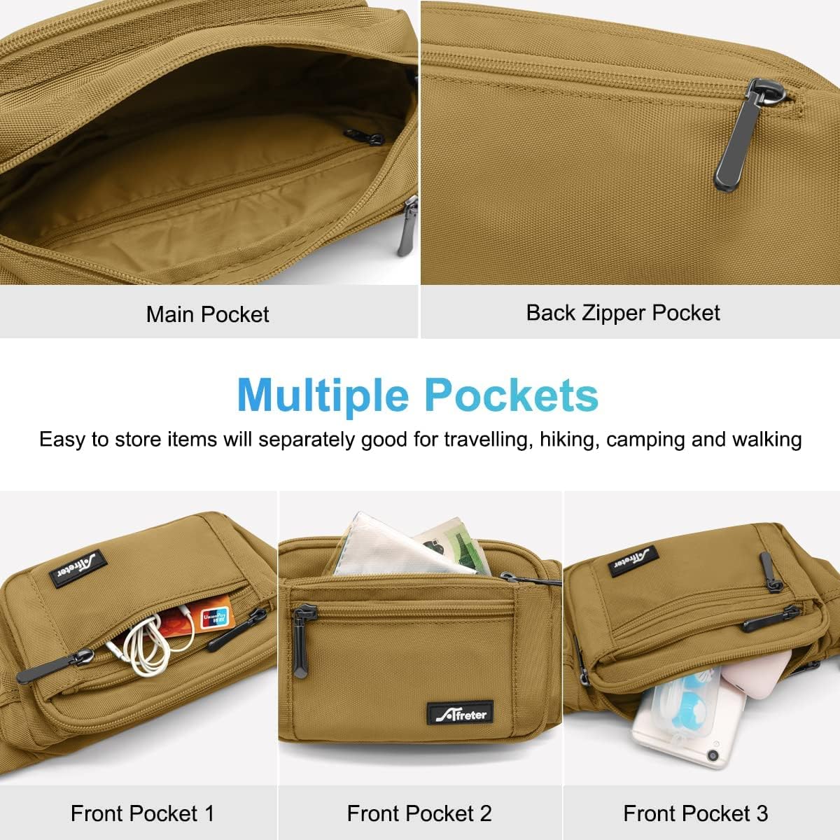 Waist Pack Bag Fanny Pack for Men&Women Hip Bum Bag with Adjustable Strap for Outdoors Workout Traveling Casual Running Hiking Cycling (Khaki) - Image 6