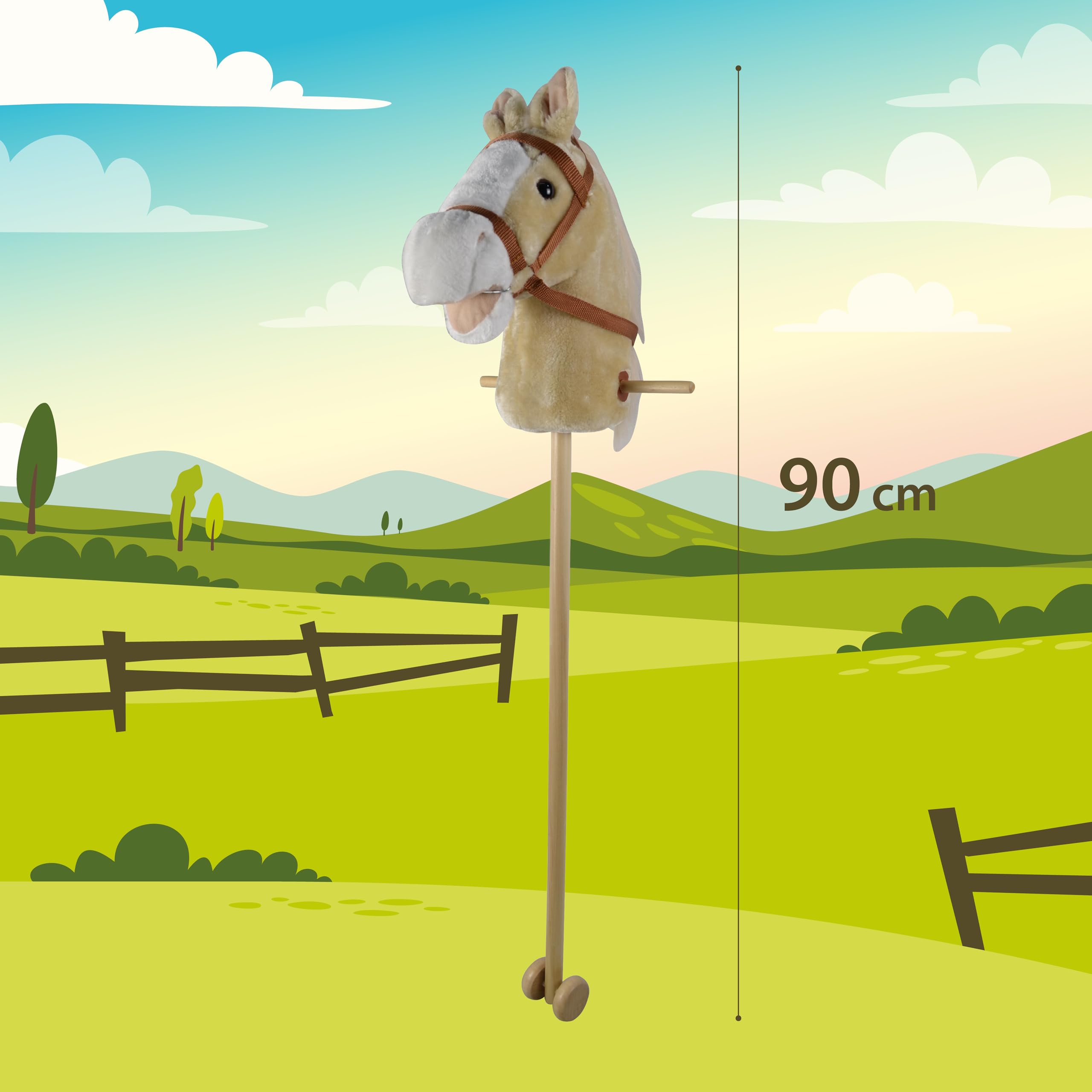 TACHAN- Cabeza de caballo con palo Deluxe - Con sonidos y ruedines para facilitar el deslizamiento- Caballo de juguete para niños y niñas - Color marrón claro- 90cm de altura (CPA Toy Group 727T00729)
