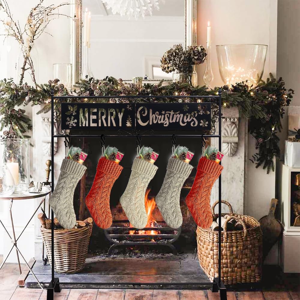 YEAHOME Christmas Stocking Holder Stand, Merry Christmas Metal Stocking Haner with Openwork Snowflake, Freestanding Stocking Stand with 5 Non-Slip Hooks for Home Indoor Living Room Fireplace, Bronze