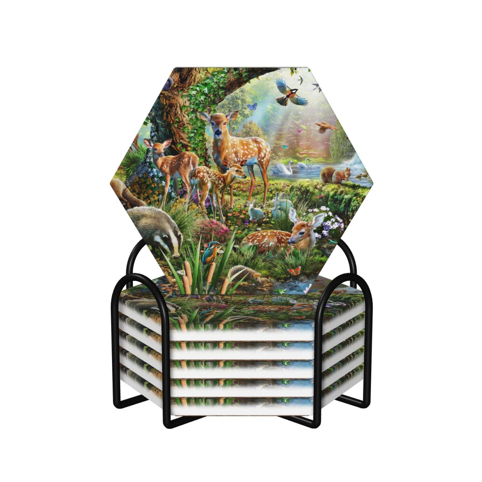 Dessous de verre mariage en céramique faune des bois, idée cadeau originale avec support
