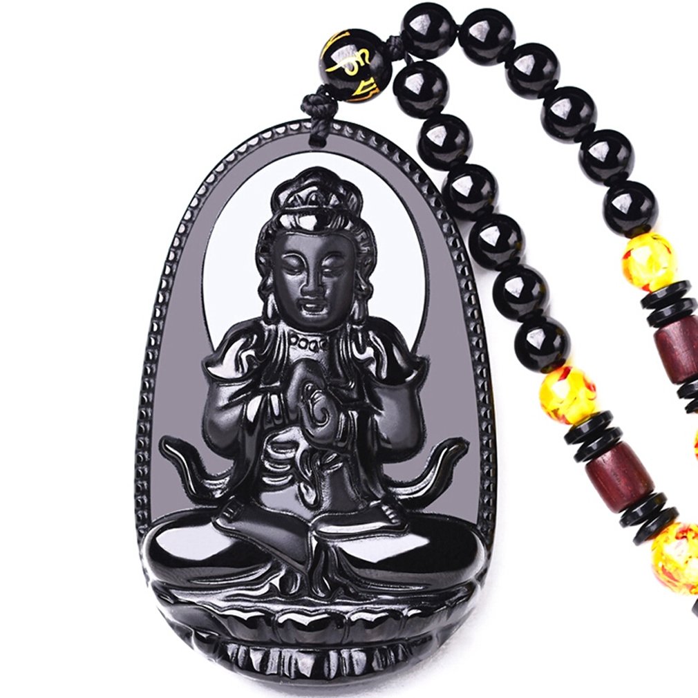 clin-kk Buddha Pendant Necklace Bodhisattva Amulet Talisman Made of Obsidian Gemstone