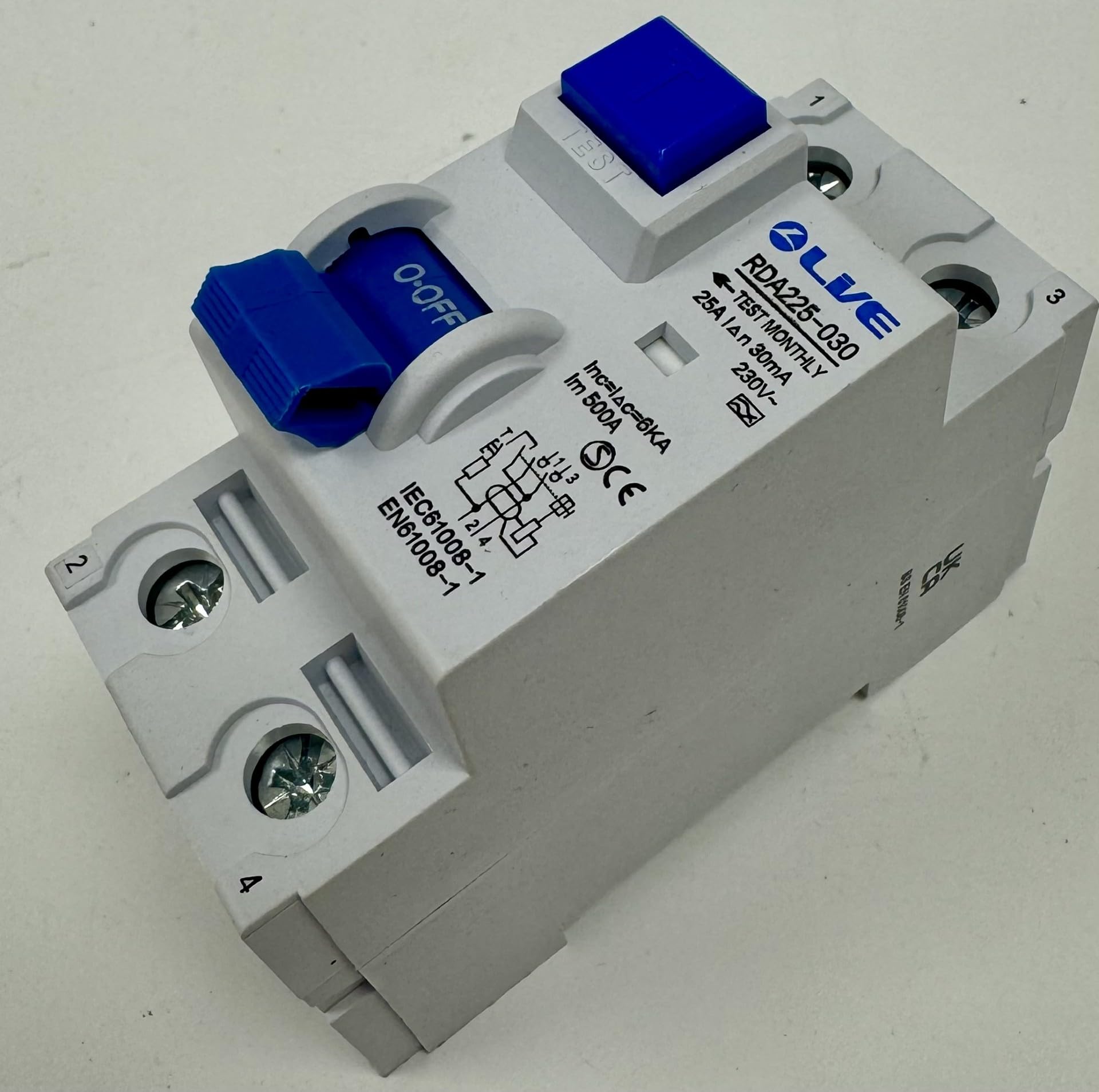 LIVE 25Amp 30mA Type A RCD Double Pole RCCB Trip Switch for DIN Rail, 2 Module, AC and DC Protection, 6kA IEC61008-1 - RDA225-030