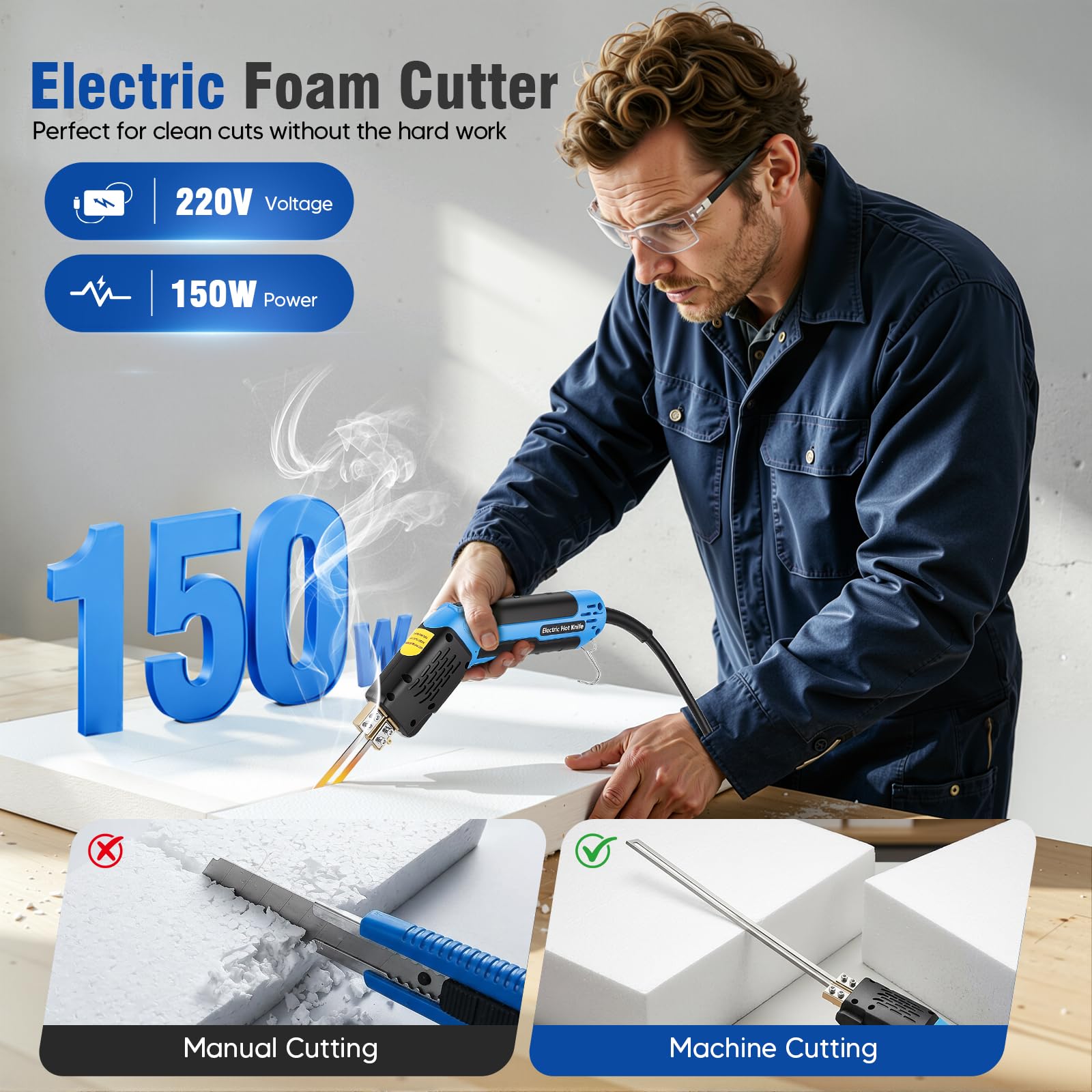 150W Elektrischer Schaumschneider Heizschneider, Temperatur regelbar 50–600°C, 5 Wechselklingen, Präzisionsschneiden für EPS Schaum KT-Platte Stoff Seil, mit Kühlsystem