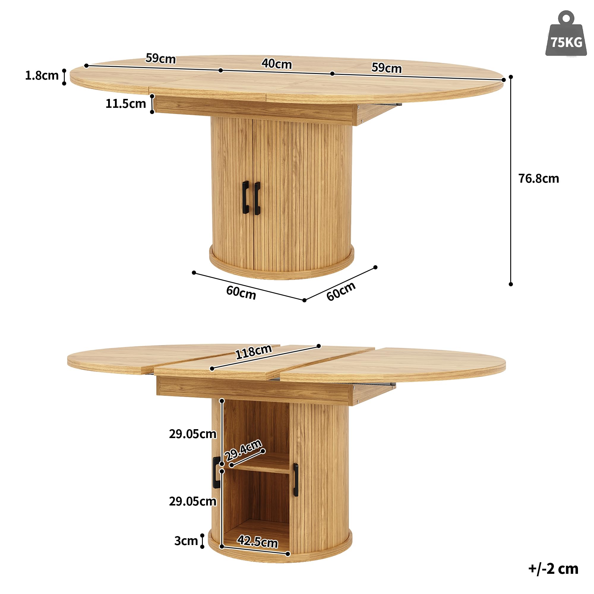 Esstisch ausziehbar, Esszimmertisch, Küchentisch, ausziehbare Tischplatte Runder Esstisch, ausziehbar zu oval, 118-158 cm, Platz für bis zu 6 Personen (Holzfarbe)