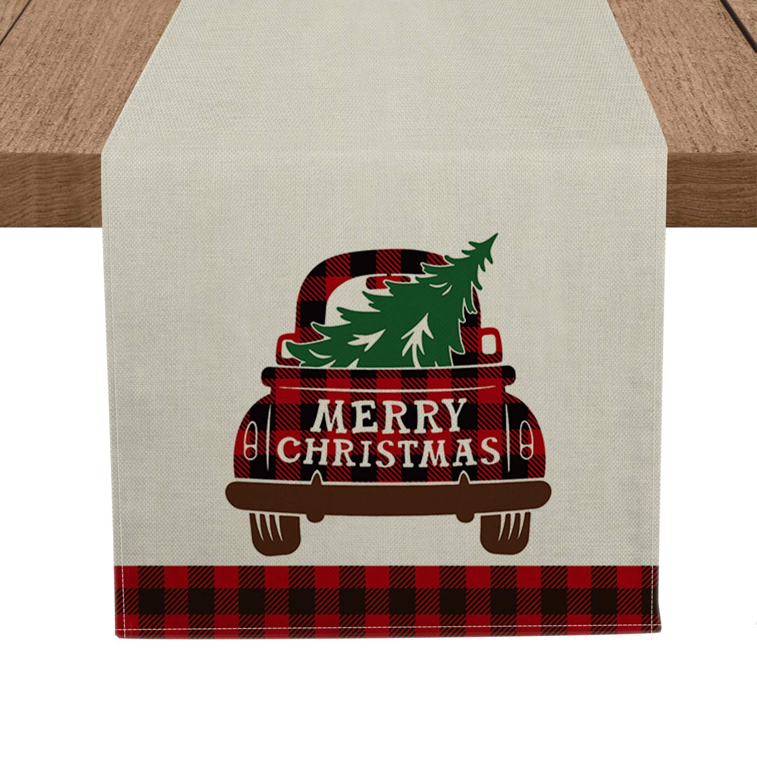 Artoid Mode Red and Black Buffalo Plaid Merry Christmas Truck Table Runner, Seasonal Winter Xmas Holiday Tablecloth Kitche...