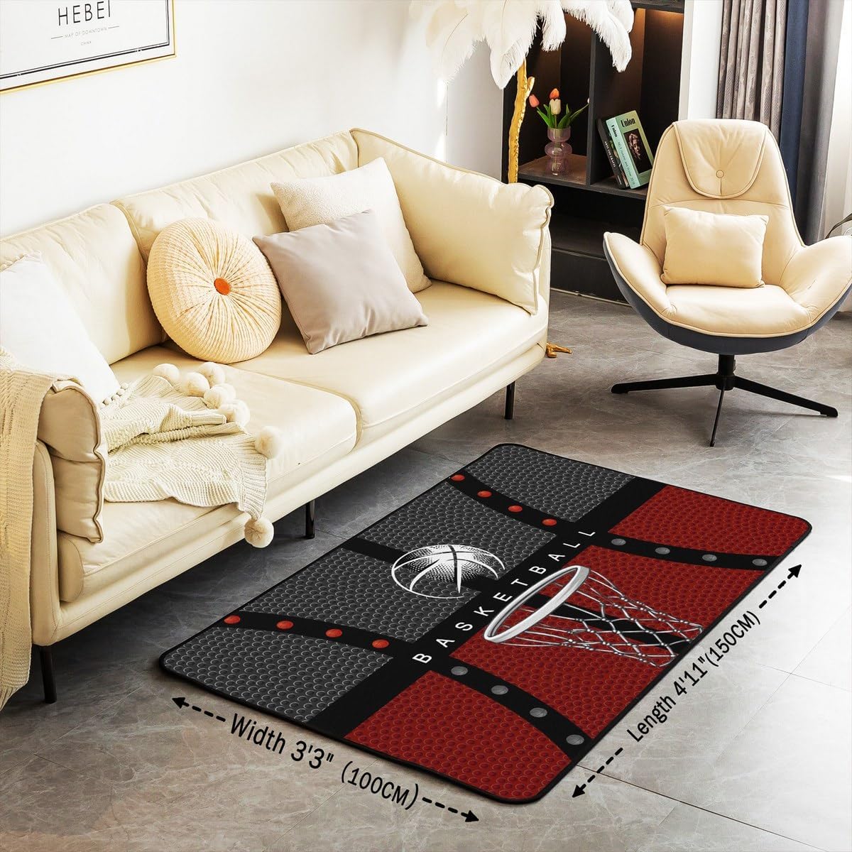 Basketball Area Rug 100cm X 150cm X 1cm abstract Red Gray Ball Plaid Decor Non Slip Rug for Teens Adults Living Room Black Stripes Extreme Sports Style Indoor Floor Mat for Party Couch Chairs
