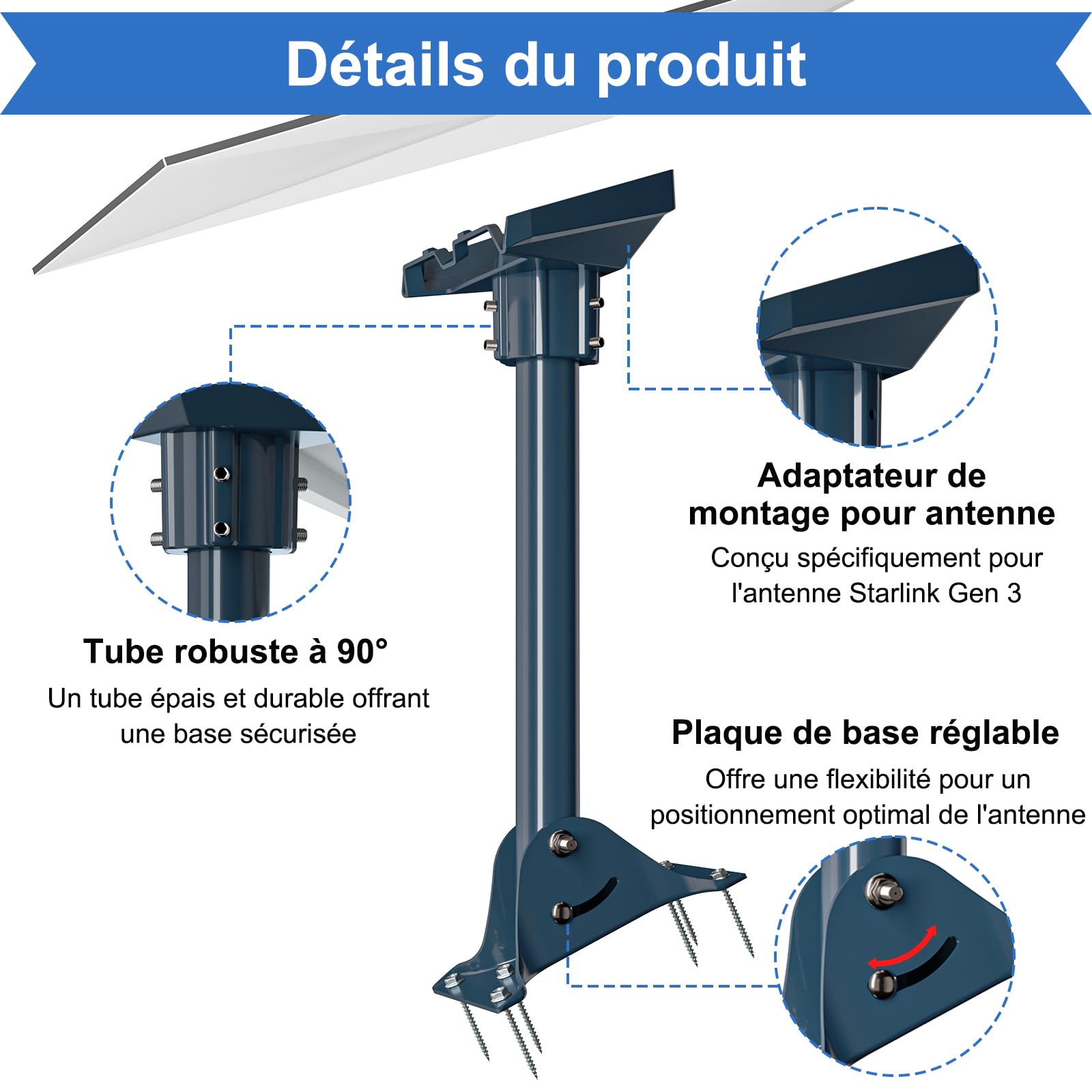 Support de Montage Gen 3/4/4X pour Starlink en Alliage d'Aluminium, Tube Pivot en Acier Renforcé de 40 cm avec Kit de Base Réglable, Compatible avec l'Antenne Standard V3 Starlink pour Toit