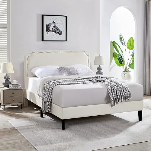 Miniatura 3 de ZeeFu Marco de cama matrimonial, plataforma tapizada de tela de lino beige con cabecera curvada ajustable y ribete de remache, no necesita somier,