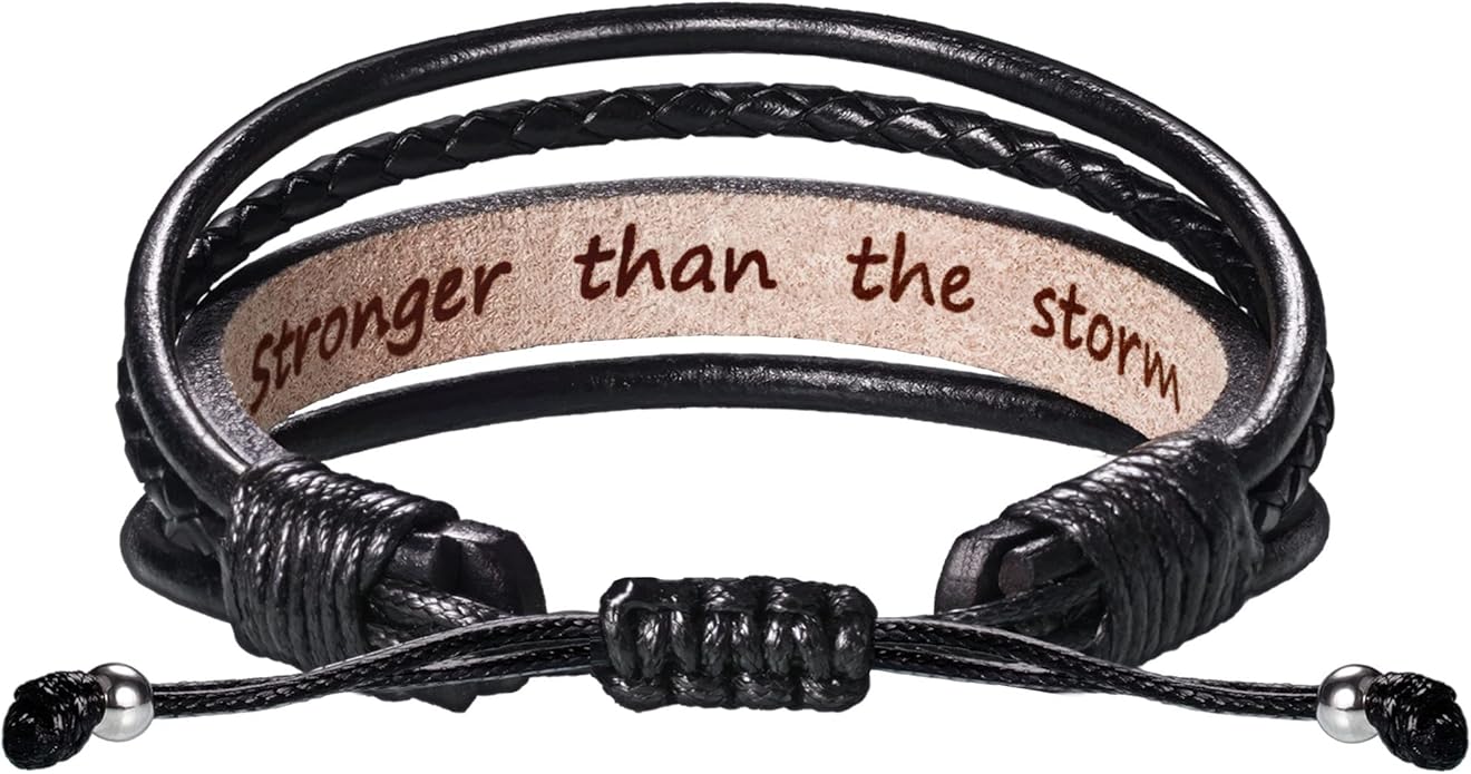 Leather Bracelets for Men Women Inspirational Gifts for Him Her Handmade Black Braided Motivational Birthday Gift for Boyfriend Husband Dad Anniversary Christmas Mens Stocking Stuffers
