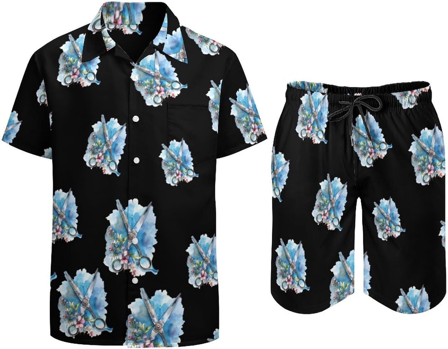 Haircut Flowers Watercolor Men's Summer Beach Outfits Shirt And Shorts Set 2 Piece Vacation Swimwear