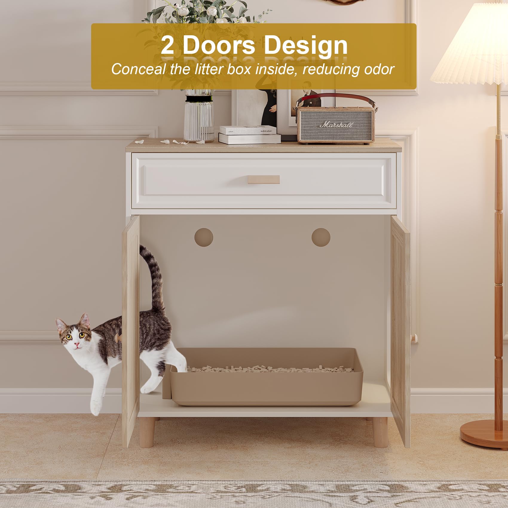 Cat Litter Box Enclosure Furniture Hidden Indoor 2-in-1 Wooden Cat House & Washroom Cabinet with Scratching Board Doors and Drawer, 31.5"x15.7"x34.6"H