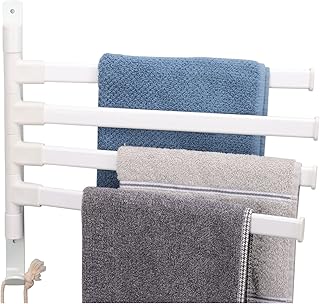 TocTen Swivel Towel Rack, Rustproof and Durable Space Saving Towel Hanger, Towel Bar Swing Out 180° Rotation, Wall Mounted/Glue Mounted Towel Rod with Hook for Bathroom, Kitchen (4-Arm, White)