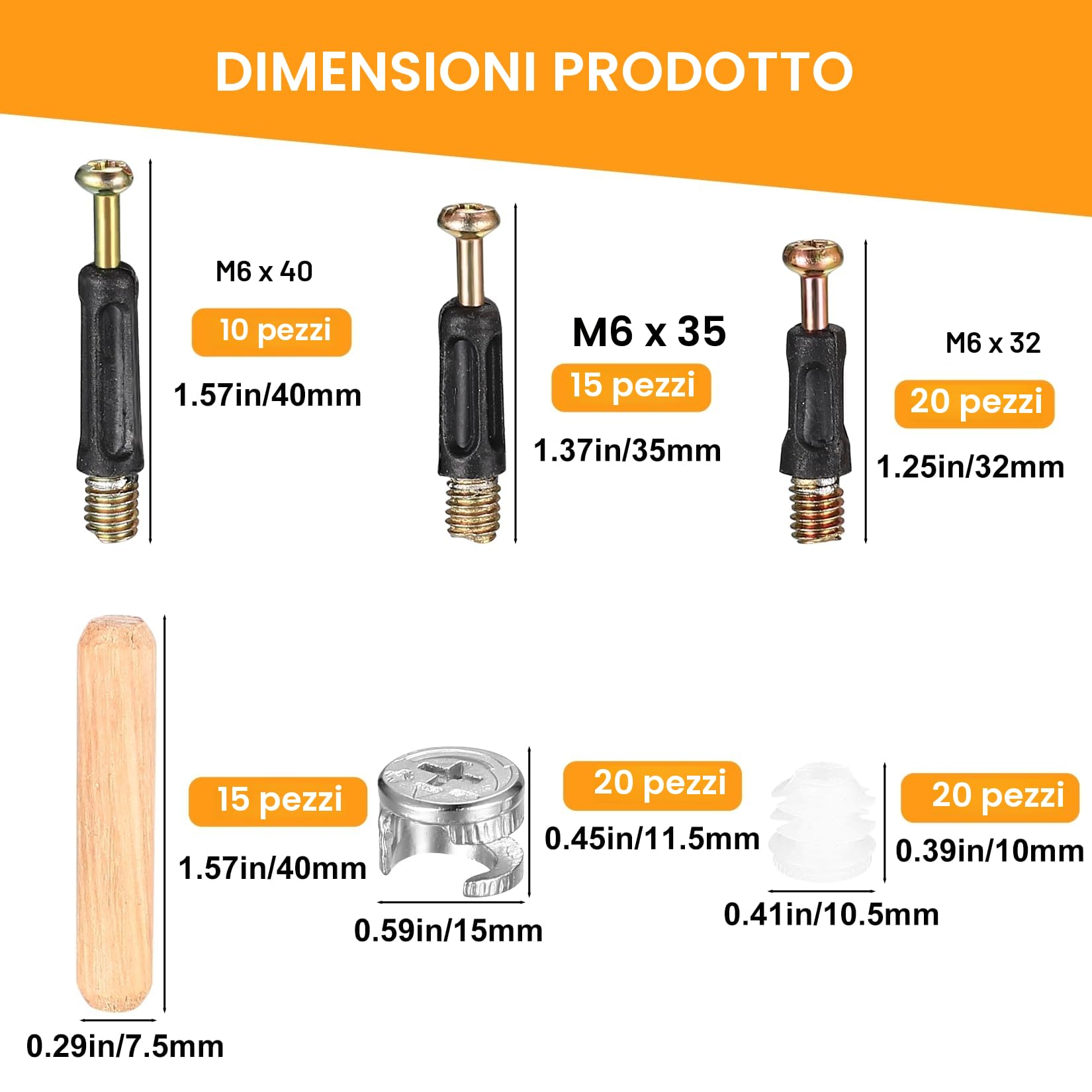 Set di 100 Connettori Mobili Eccentrici da Armadio, Incluso Inserti a escentrico, Dadi in Plastica, Connettore a Camma, Cavicchi in Legno, Kit di Viti di Fissaggio per Mobili da Cucina