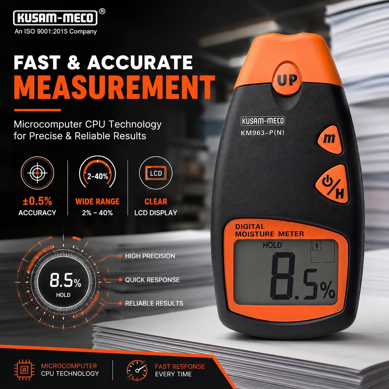 Kusam Meco KM 963-P(N) Digital Paper Moisture Meter with LCD Display, 2%-40% Range, ±0.5% Accuracy, Auto Humidity Compensation, 1 Year Warranty, MCU Based Moisture Tester 4