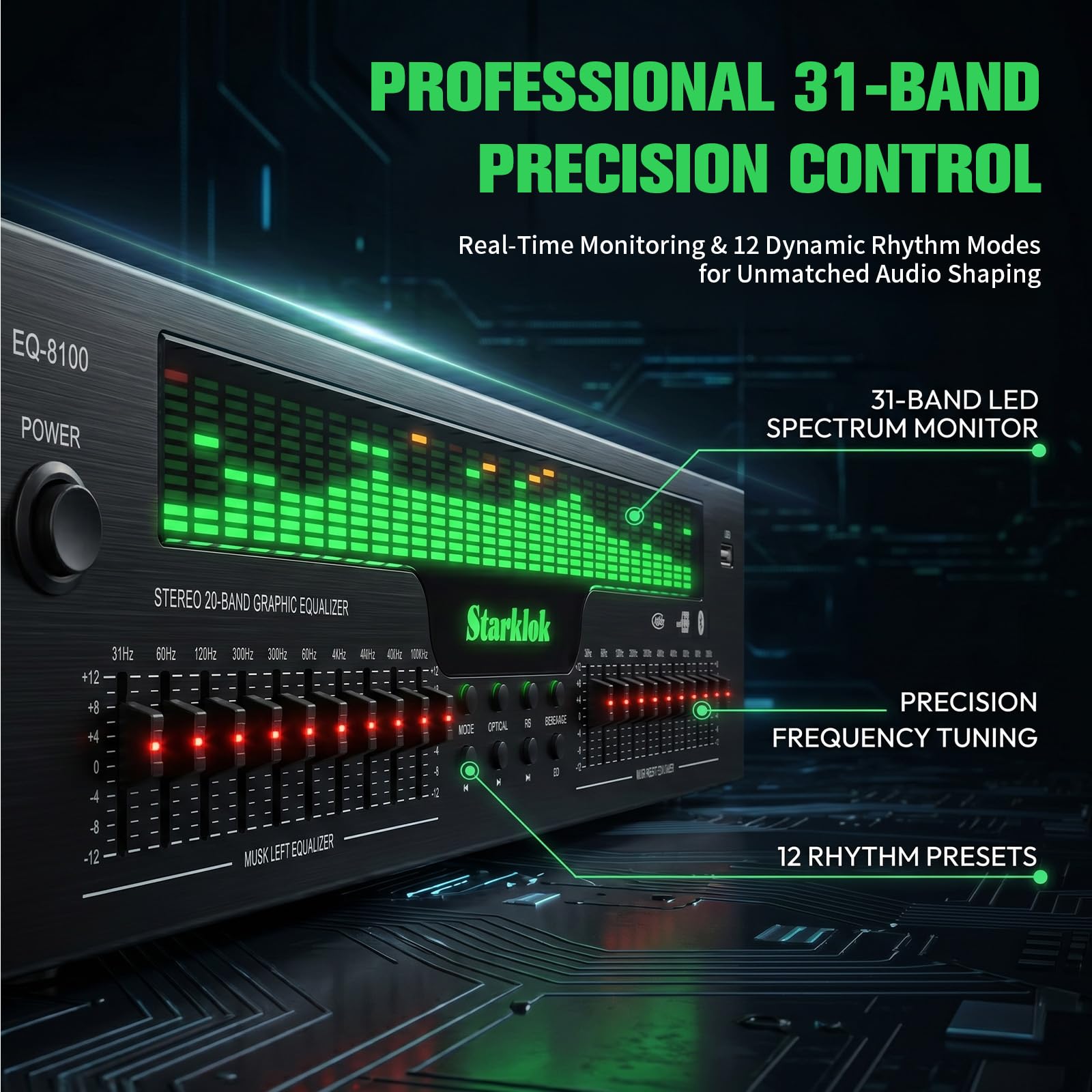 31 Band Digitaler Equalizer, Stereo Graphic Equalizer mit 12 visuellen Rhythmus-Modi, Soundprozessor mit Bluetooth, USB, Optischem/Koaxialem Eingang für Aufnahmestudio Musikdarbietung