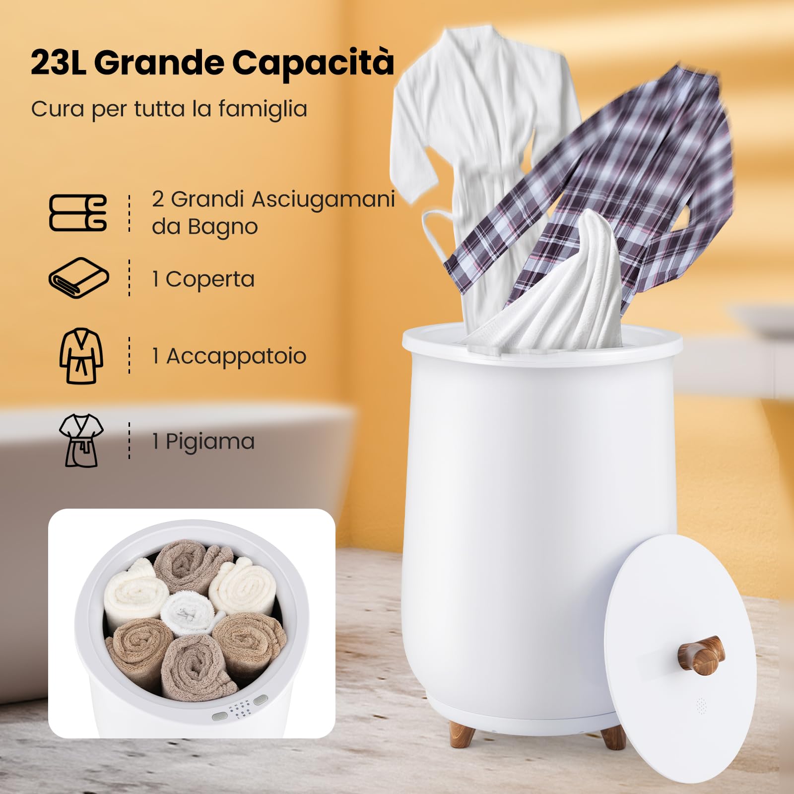 COSTWAY 23L Secchio Riscaldatore di Asciugamani, Secchiello con Portadischi Profumato, 3 Livelli di Riscaldamento, Timer e Spegnimento Automatico (Bianco)