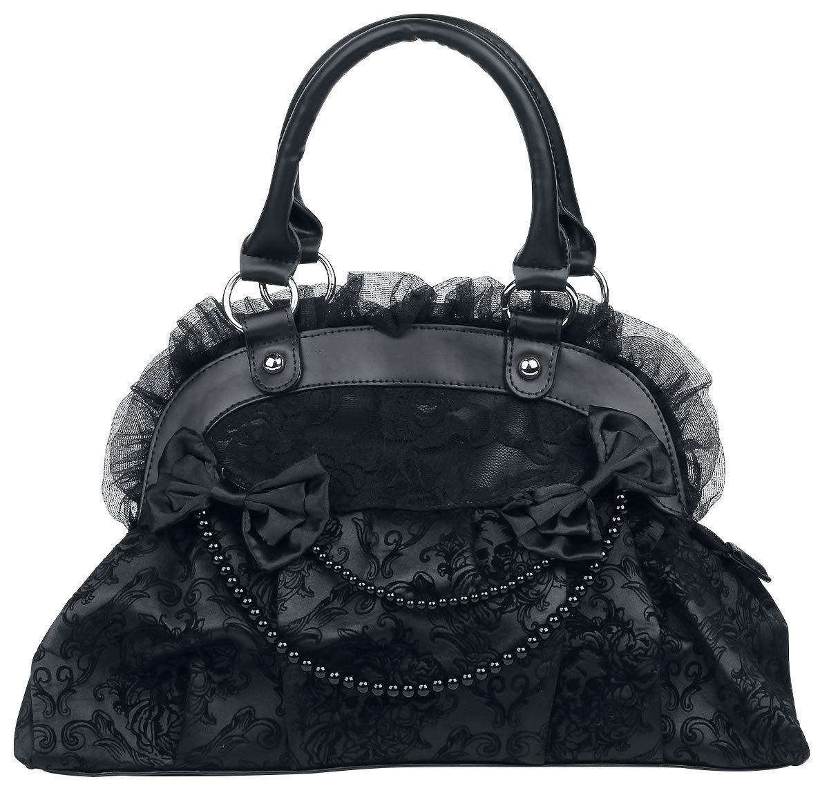 Reinvention Victorian Gothic Handbag Flocked Skulls with Bows and Lace Bag Purse