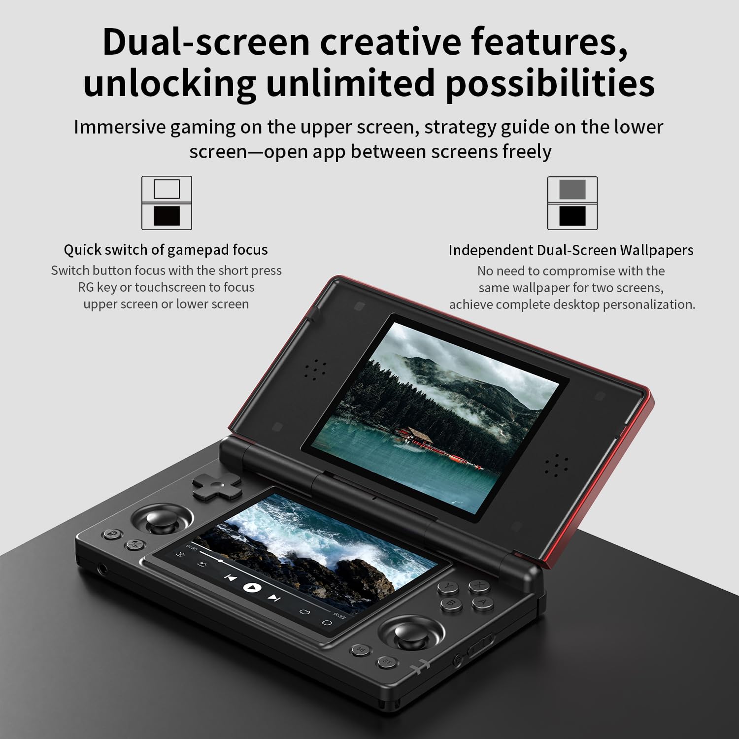 GiipGoop RG DS Consolas de juegos de mano RG DS Retro Gaming Console de doble pantalla 3+32GB Android 14 bolsillo portátil Arcade 40000mAh batería WiFi Bluetooth HD salida negro